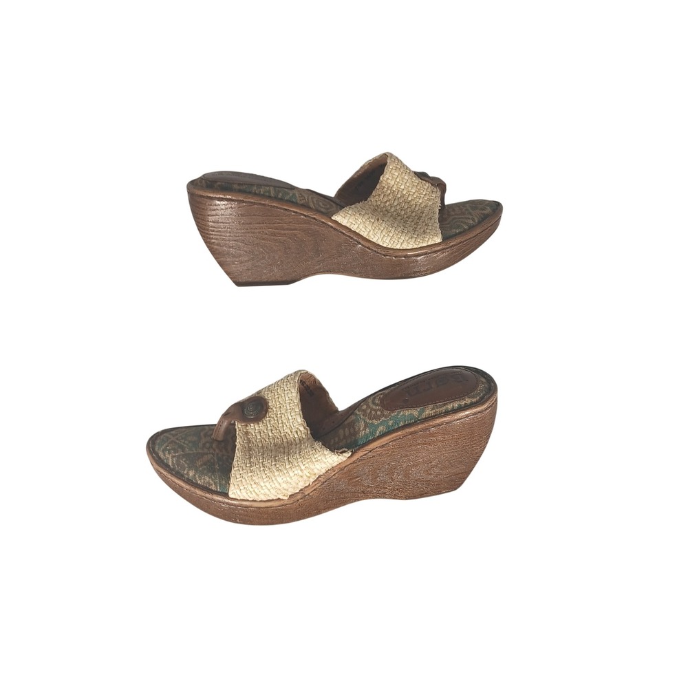Born Wedge Sandals 7 Tan Brown Woven Raffia Tapestry Boho Thong W62238